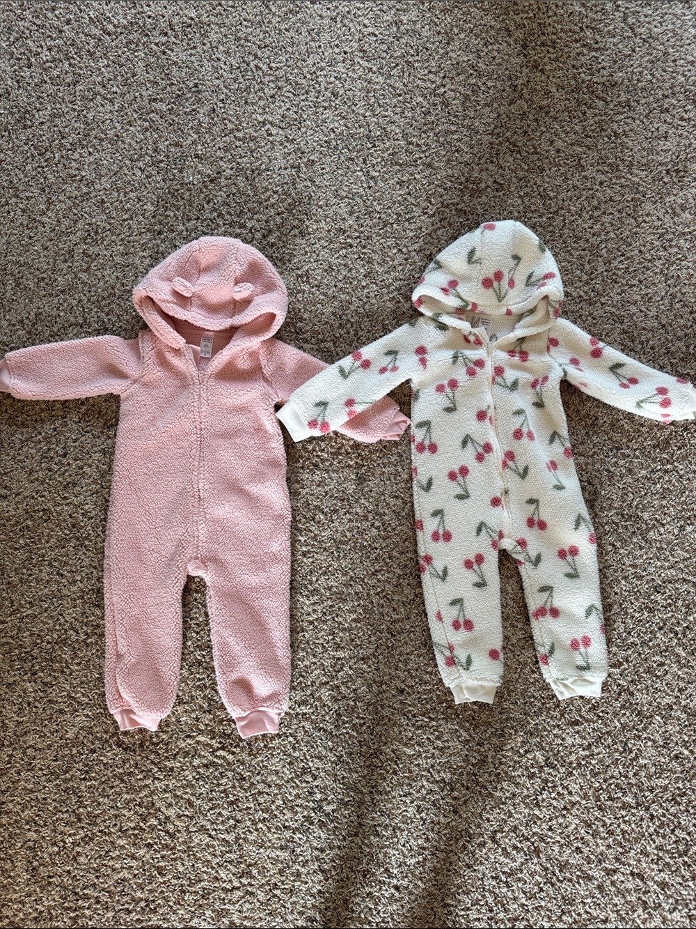 Carter's Plush Hooded One-Piece Rompers in Pink and Cream Cherry Print